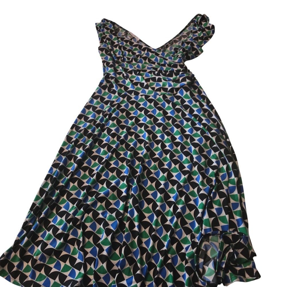 Maggy London Womens Geometric Print Faux Wrap Dress Blue Green Black Size 14